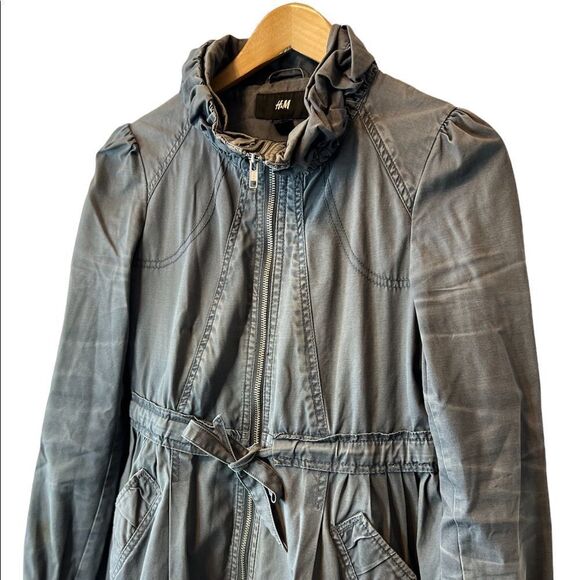 H&M Grey Distressed Ruffle Collar Pleated Cotton Casual Zip Spring Jacket Coat 6 - Picture 2 of 8
